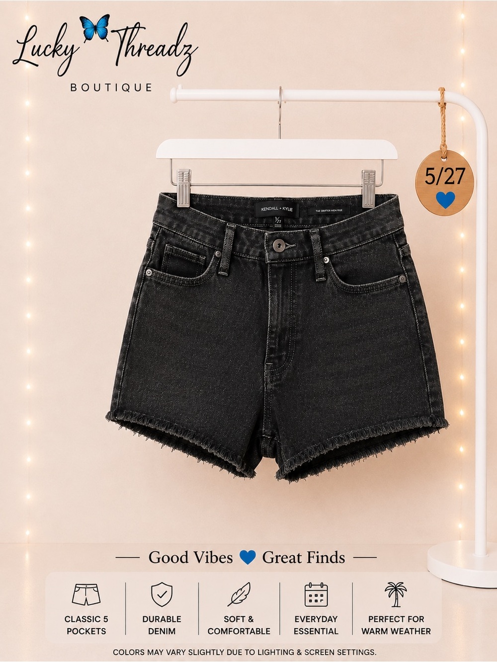 Kendall + Kylie Drifter High Rise Black Denim Cutoff Shorts Size 5/27